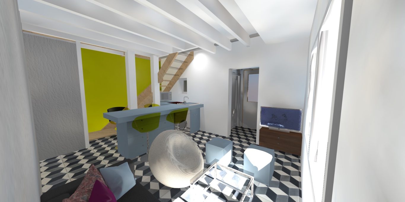 RENOVATION AGENCEMENT SION ST HIALIRE DE RIEZ Rénovation complète et réagencement pour ce studio, avec Chambre étage vue mer a Sion, St Hilaire de Riez Le + L 'escalier intégré cuisine